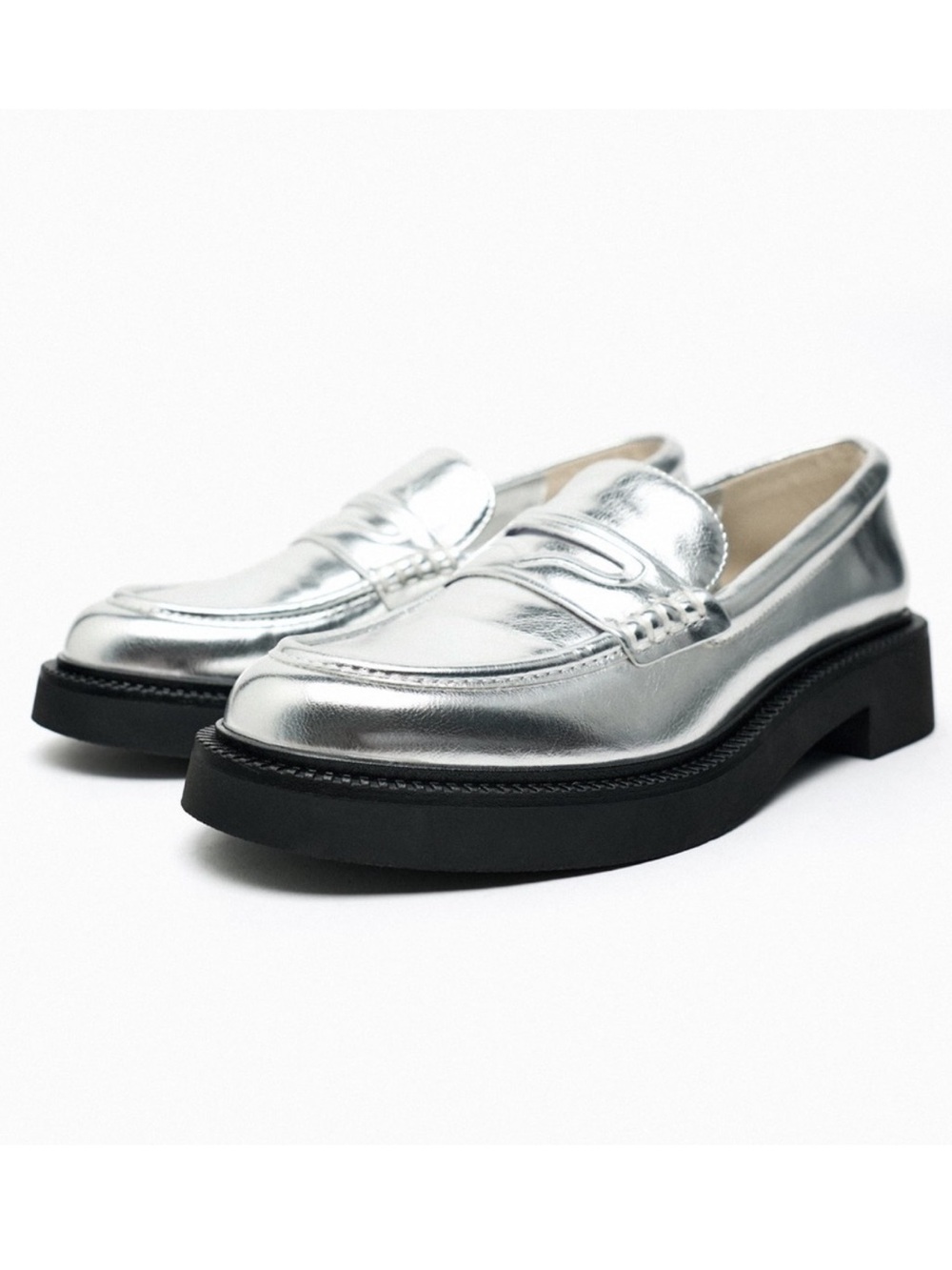 NWT silver metallic Zara penny loafers. Size 38EU/ 7.5 US